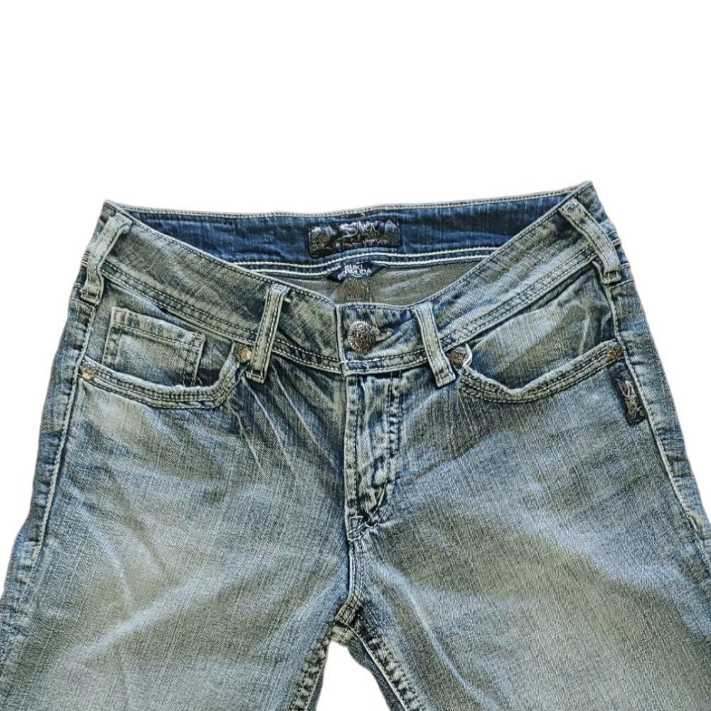 Silver Suki Bermuda Denim Jean Shorts Medium‎ Wash Factory Fading Distressed 27 - Picture 3 of 14
